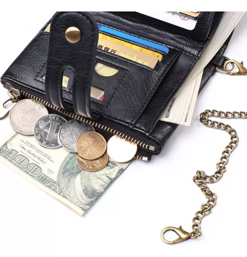 Cartera Cuero Con Cadena Billeteras Vintage Antirrobo