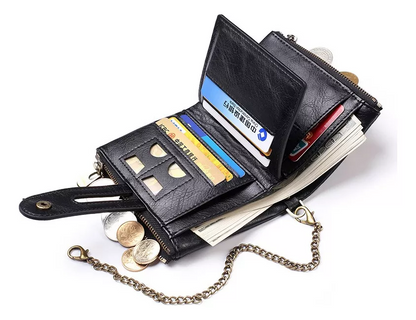 Cartera Cuero Con Cadena Billeteras Vintage Antirrobo